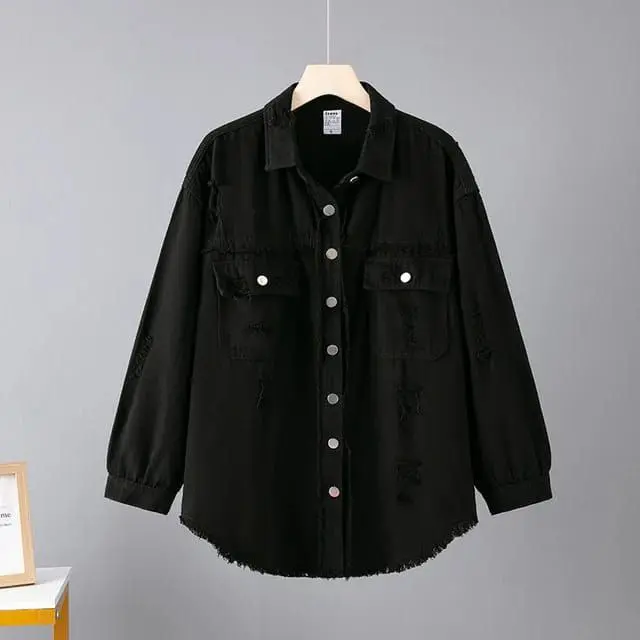 Jaket Denim Kemeja Jeans Oversize Sobek Lengan Balon Wanita 7