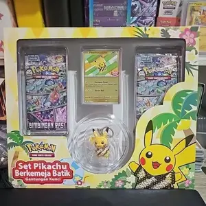 Terlangka 1 Set Kolektor Kartu Pokemon Lengkap  Pokemon Hologram Pikachu Batik Kartu Pikachu Hologram Batik dan Booster Pack Pokemon Indonesia dan Gantungan Kunci Batik Pikachu Original Per Box