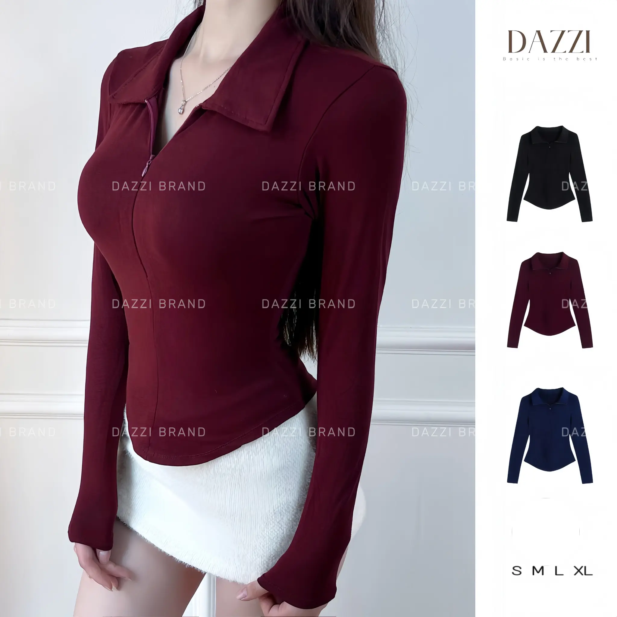 Áo thun nữ cổ bẻ tay dài phối dây kéo ôm dáng vạt bầu vải cotton mịn DAZZI Polo Women TD022 | BigBuy360 - bigbuy360.vn