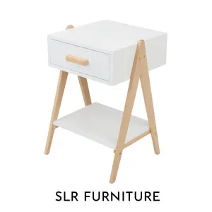 Bedside Table Scandinavian A-Frame – Nakas 1 Laci Putih Kayu Elegan untuk Kamar Tidur – SLR FURNITURE