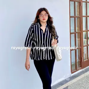 KEMEJA BLOUSE JUMBO SALUR WANITA BAJU ATASAN GARIS RAYON Viscose Stripe Panjang Belah Samping