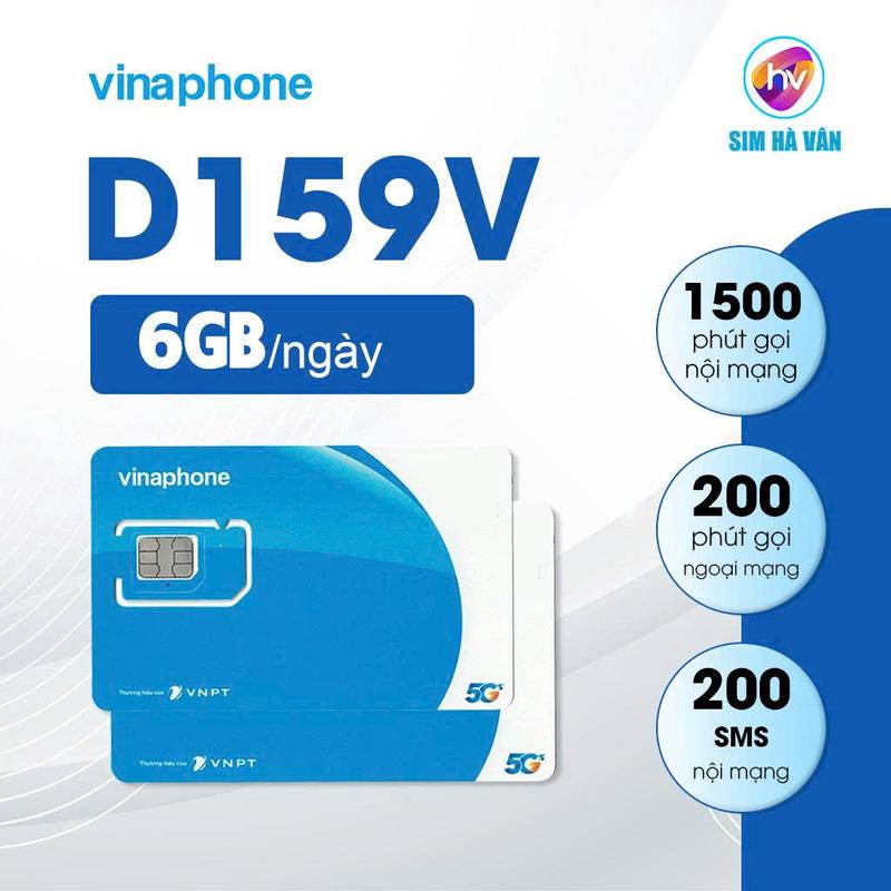  Sim Vinaphone 5G - Gói D159V - Miễn phí tháng đầu có 6G  ngày 1500 phút gọi nội mạng 200 phút gọi ngoại mạng 200 sms vina hàng tháng miễn phí mytv Gia hạn 159K tháng 