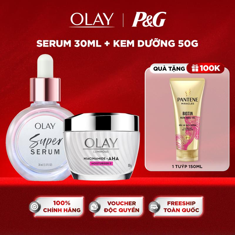 Combo Olay Super Serum 5 dưỡng chất trong 1 - 30ml + Kem Dưỡng Ẩm Sáng Da, Cải Thiện Mờ Thâm Mụn OLAY LUMINOUS NIACINAMIDE AHA 50G
