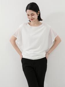 バットウィングスリーブ、ルーズフィット、細見え、ラウンドネック、シフォンダブルレイヤー、無地、ショートスリーブトップス。軽量で夏向けのファッションTシャツ。