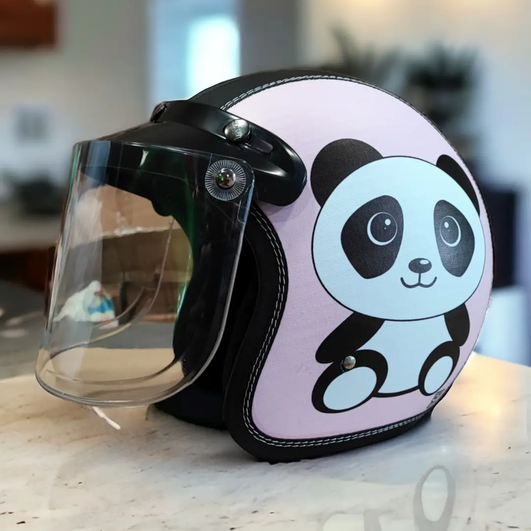 Helm Bogo Kulit Full Leher Retro Wanita Dewasa SNI Motif Panda Pink Kaca Datar Helmet Motorcycle Sepeda