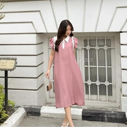 ROSELLA DRESS - Midi Dress Bahan Polo Linen Sleeveless Kombinasi Ruffle Wanita DA Grosir 4