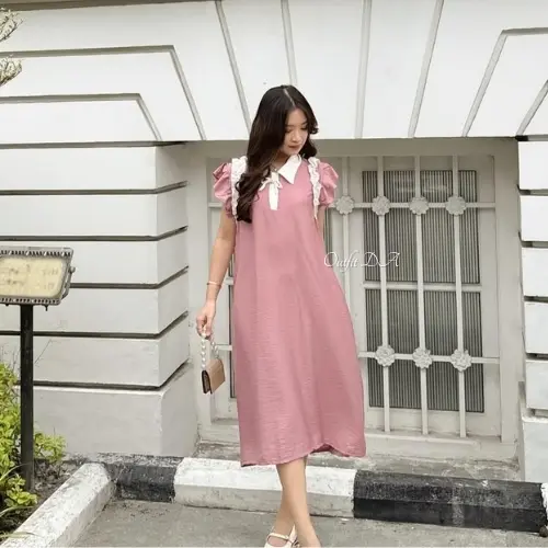 ROSELLA DRESS - Midi Dress Bahan Polo Linen Sleeveless Kombinasi Ruffle Wanita DA Grosir 3