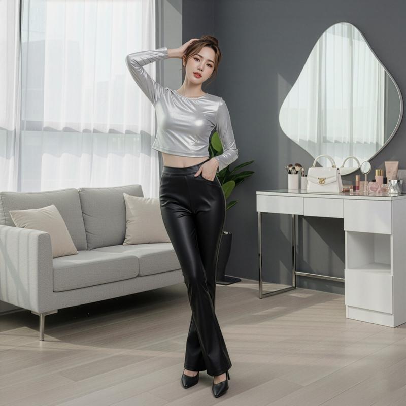  dambody  SB05  Set Đồ Nữ Ánh Bạc Croptop Tay Dài Phối Quần Da Ống Loe Đen Thời Thượng 