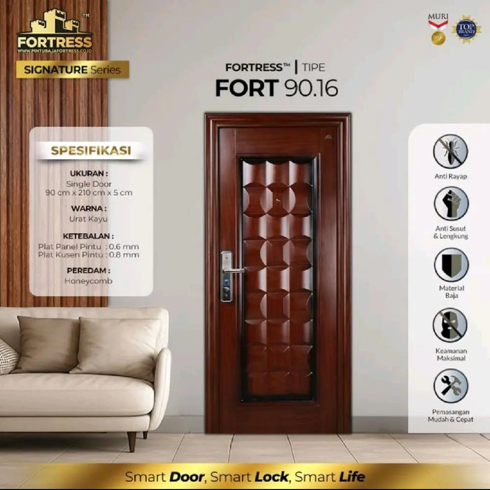 Pintu Baja FORTRESS Single Type SIGNATURE Series White & Wood Colour (90x210cm)
