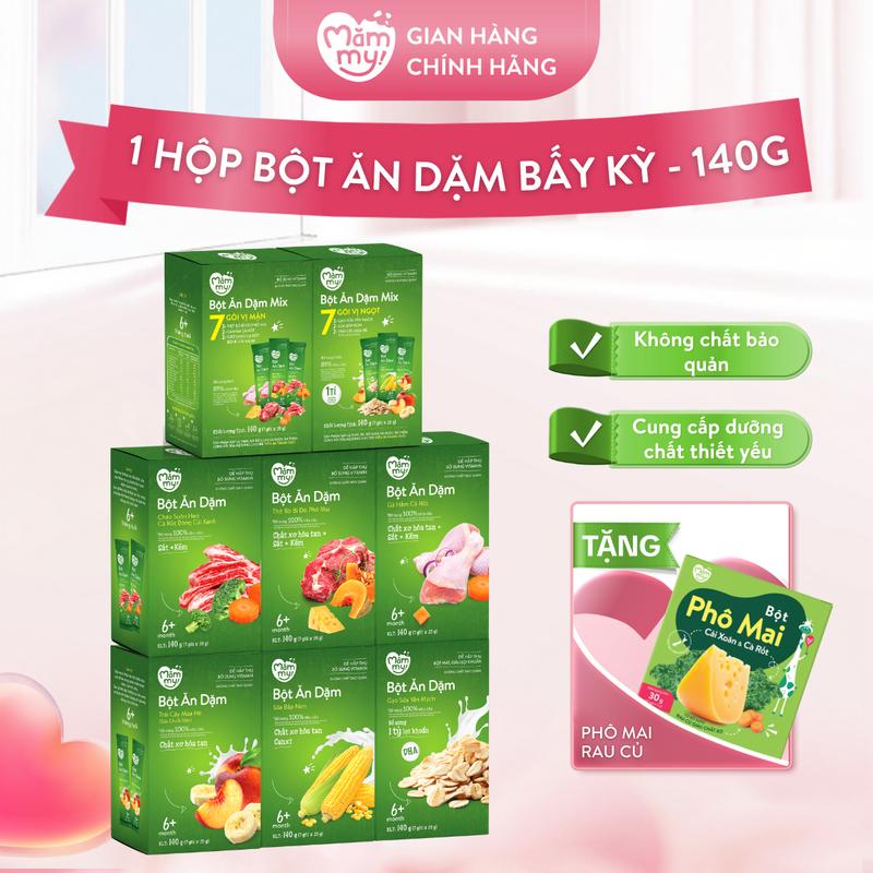 [LS] Hộp Bột Ăn Dặm MĂMMY Đầy Đủ Vị Cho Bé (Bắp Non, Yến Mạch, Trái Cây Mùa Hè, Gà Hầm Cà Rốt, Thịt Bò Bí Đỏ Phô Mai, Cháo Sườn Heo Cà Rốt Bông Cải Xanh, Mix Vị Mặn - Ngọt), Hộp 7 Gói x 20g [PMRC]