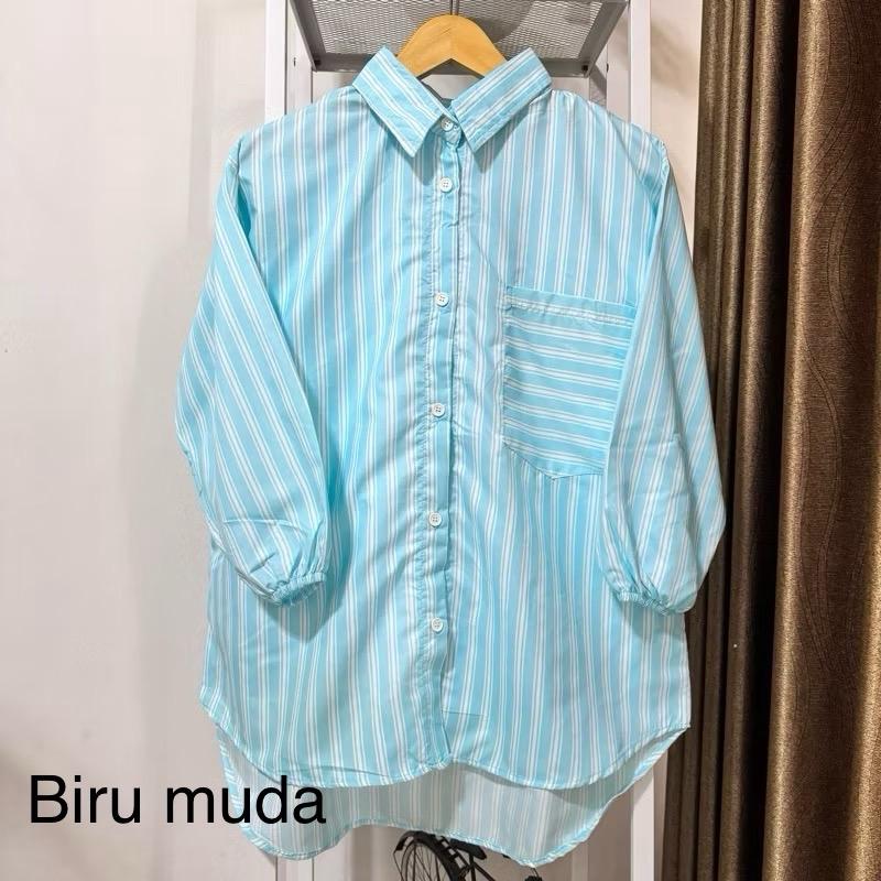 Kemeja Stripe  Oversized - Atasan Wanita - Pakaian Wanita - Stripe Shirt Atasan Wanita Lengan Panjang Katun Salur Baju Garis 6