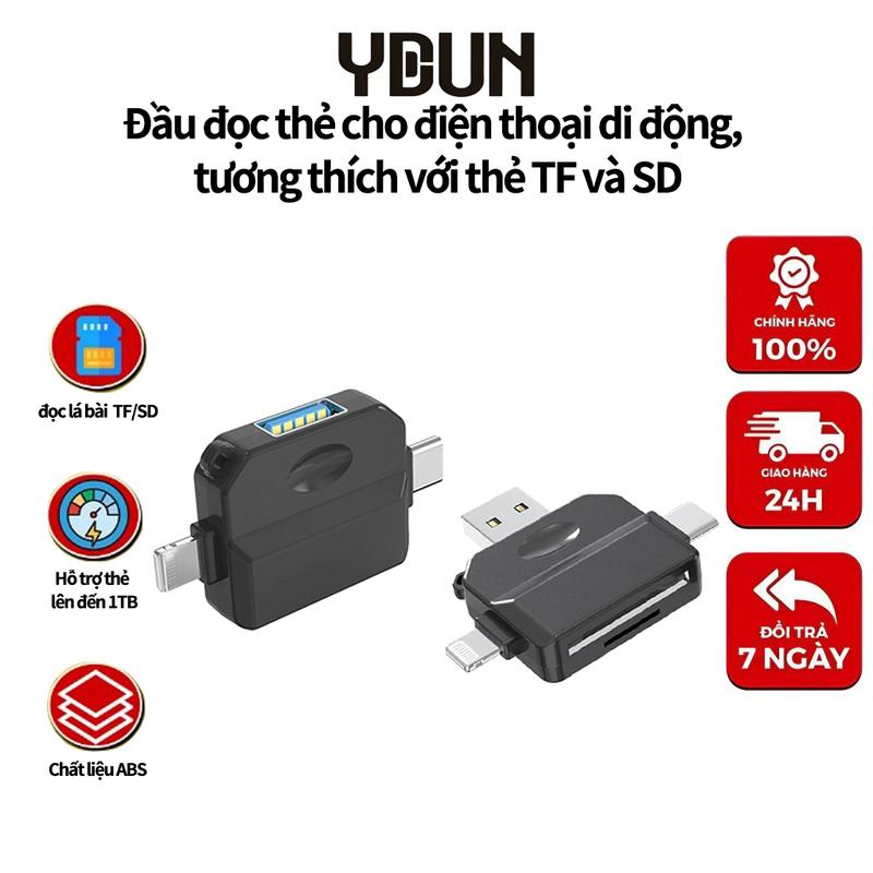 Đầu đọc thẻ 5 trong 1, tương thích với iPhone, Android, máy tính và máy tính bảng, cho phép truyền dữ liệu nhanh chóng.