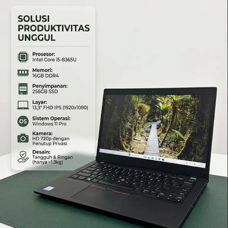 ThinkPad X390 Laptop Series Intel Core i5-8365U RAM 16 GB SSD 256 GB Layar 13,3" Windows 11 OHS 2021 dengan Charger dan Tas Gratis