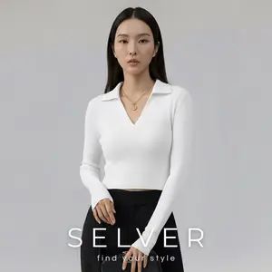 SELVER - Crop Top Long Sleeve V Neck Baju Crop Top Wanita Lengan Panjang Atasan Polos Rib Katun Premium Melar (S/M/L/XL)