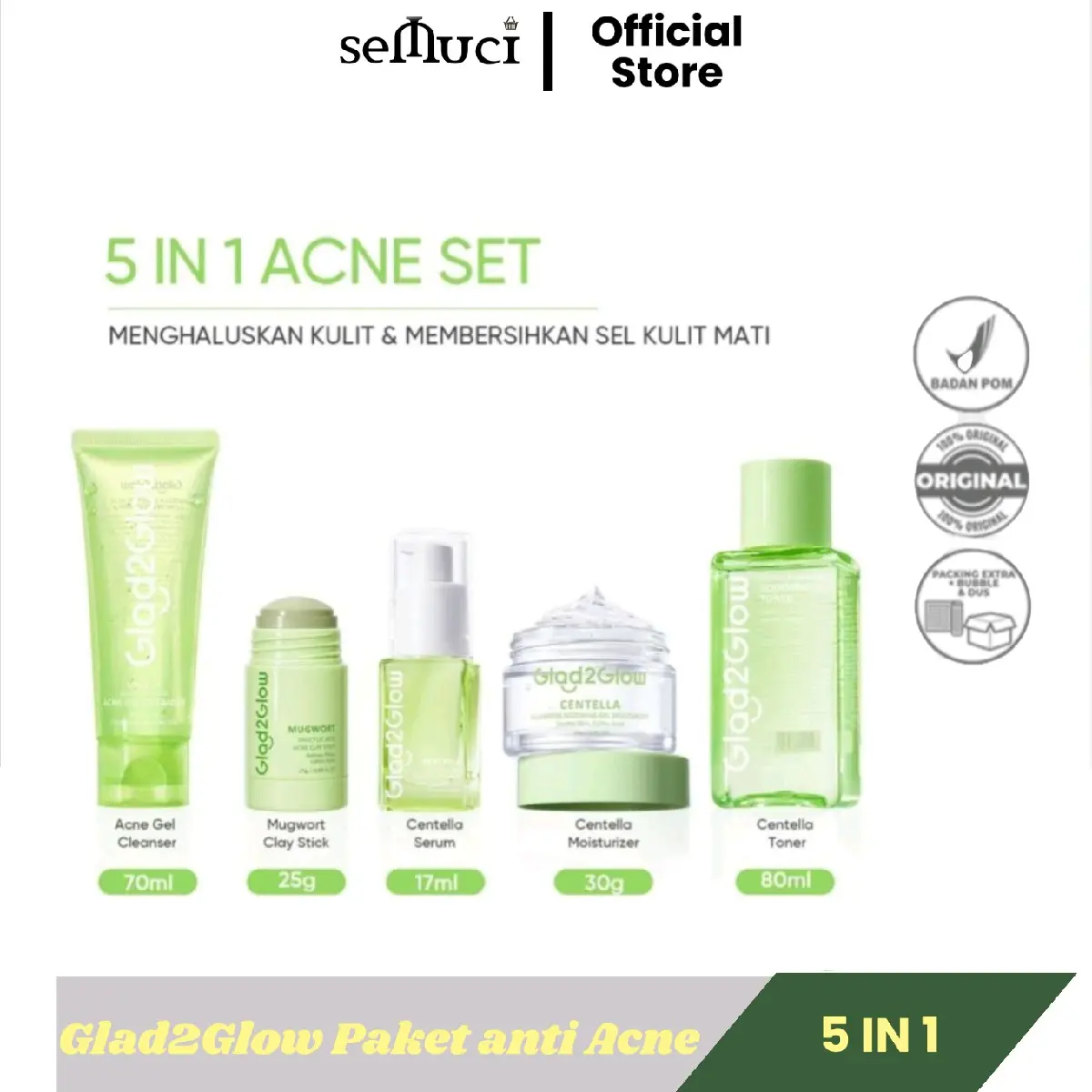 Paket Penyembuh jerawat Glad2Glow Anti acne centella | moisturizer | Serum | Toner | clay stik Berjerawat Perawatan Wajah Acid gald 2 glow