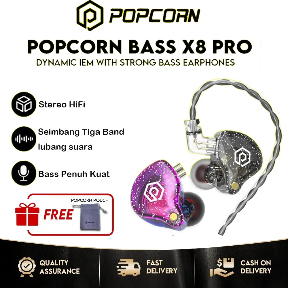 Popcorn Bass X8 Pro Earphone Dinamis Hi Fi Bass In-Ear dengan Mikrofon yang Dapat Dilepas