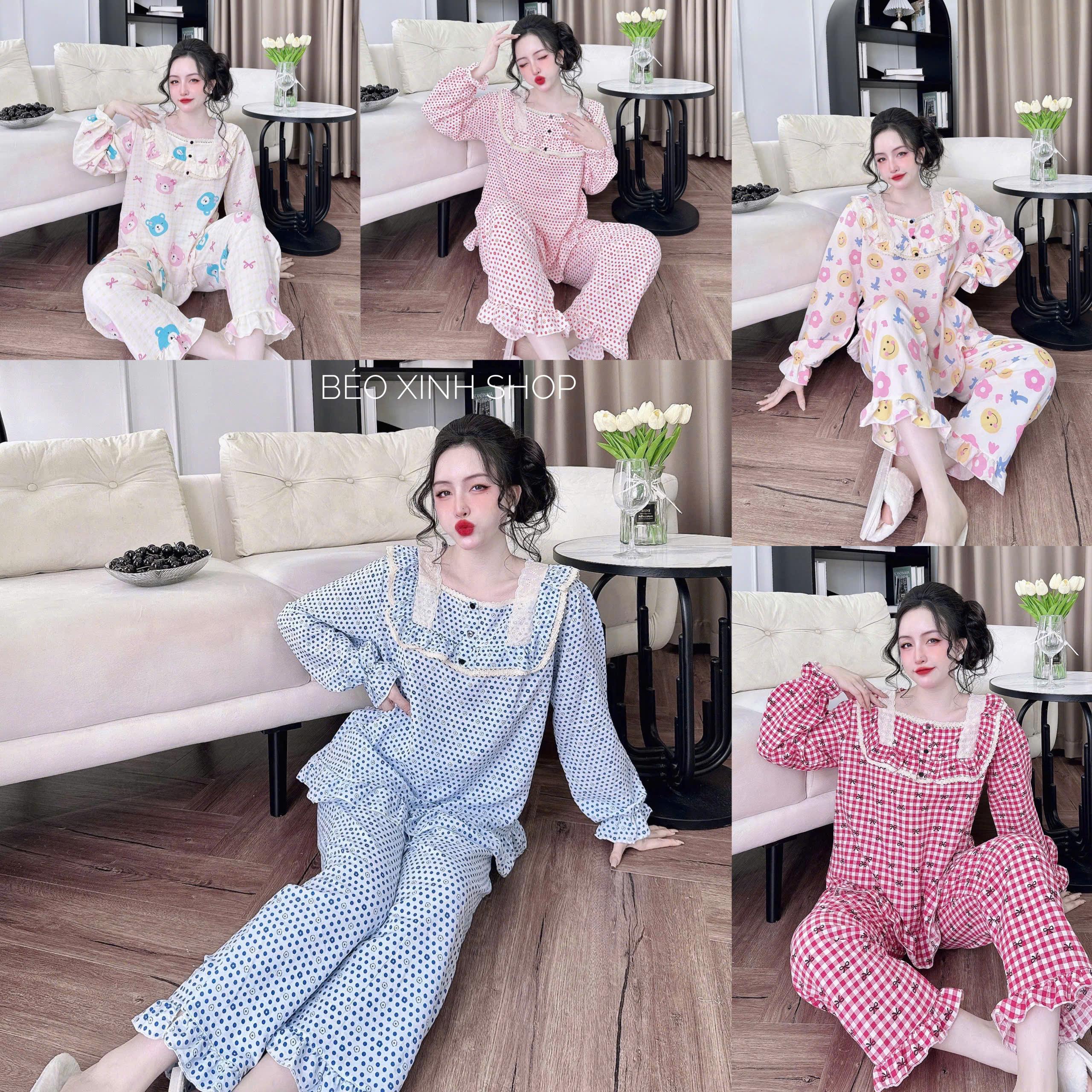 Đồ Bộ - Đồ Ngủ Tay Dài Quần Dài Vải Đũi Xốp Cotton Pijama Bigsize 50-100kg Bộ Ngủ Nữ Áo Ngủ Women Quần Ngủ - A.5636
