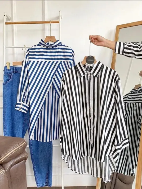 Kemeja Wanita Motif Silang Belakang Stripe Garis Salur Bahan Polly Rayon 1