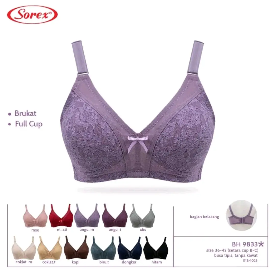 PAKET ISI 3 PCS Sorex 9833 Bra BH Renda Brukat Big Cup Jumbo Tanpa Kawat Art Full Coverage Full Coverage Mulus