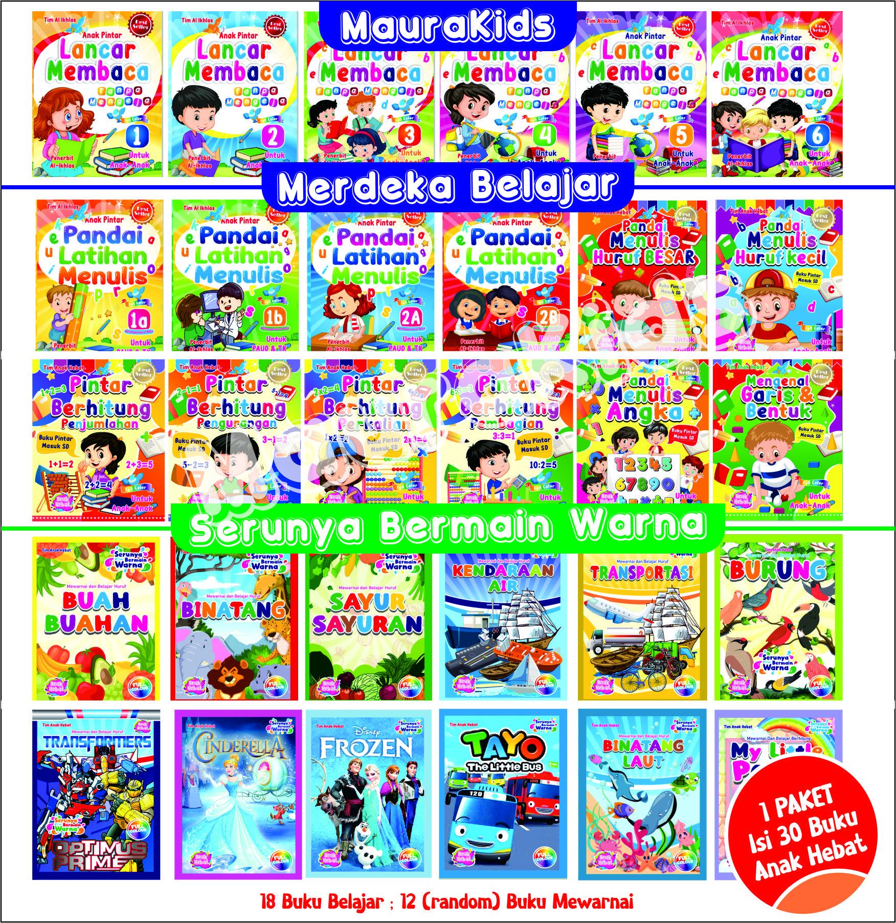 MERDEKA ANAK HEBAT 30 Judul LANCAR, MENULIS, BERHITUNG, MEWARNAI Books