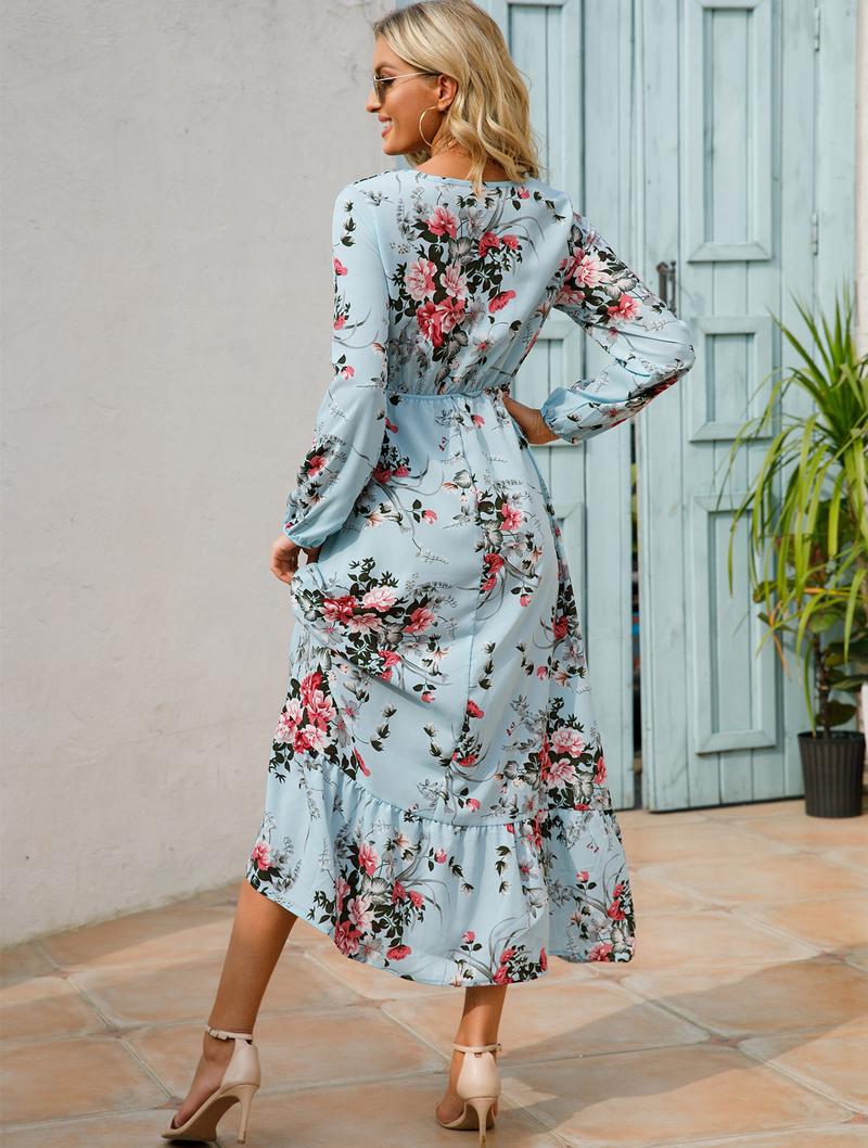 Product Introduction of Cross-Border Foreign Trade Spring and Autumn Floral Chiffon Dress Waist-Controlled Slimming Long Sleeve round-Neck Long Printed Dress Women's 16