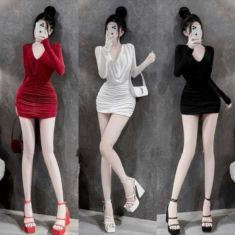 B70- Đầm Body Nhũ Cổ Đổ Bèo Nhún Eo Tay Dài Tôn Dáng Xinh Sang Mỹ Anh Boutique