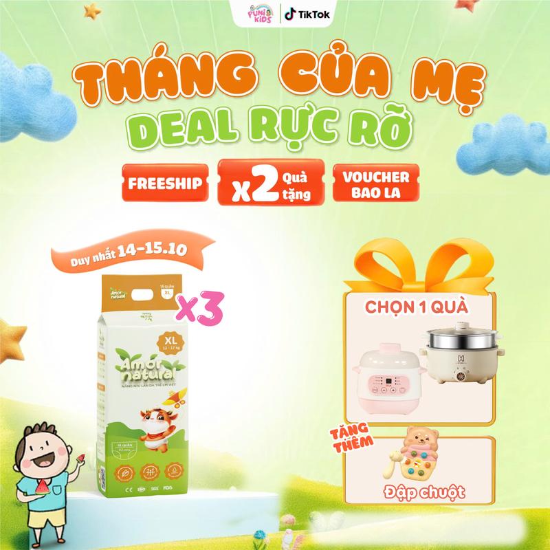 (3A) [TẶNG NỒI NẤU CHÁO CHẬM/ NỒI LẨU ĐIỆN 2 TẦNG] COMBO 03 BỊCH TÃ BỈM VIỆT AMOR NATURAL dán/ quần, bỉm Việt chất lượng, mỏng nhẹ, thấm tốt size NB - 4XL cho bé