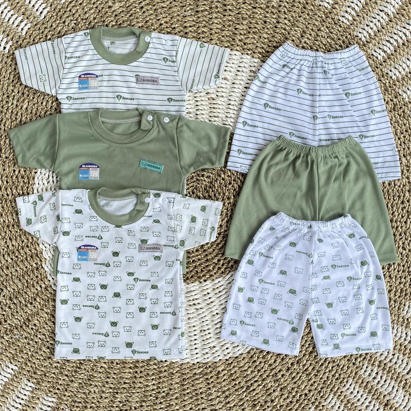 ANNORA 3 Setelan Bayi 0-18 Bulan S M L XL Baju Tidur Piyama Bayi Pendek Seri Warna Sage Bear 2