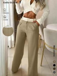 Pantalones tejidos lisos de moda casual para mujer, diseño de cintura con bloques de color, cómodos y versátiles para todas las estaciones, hechos de tela de alta calidad