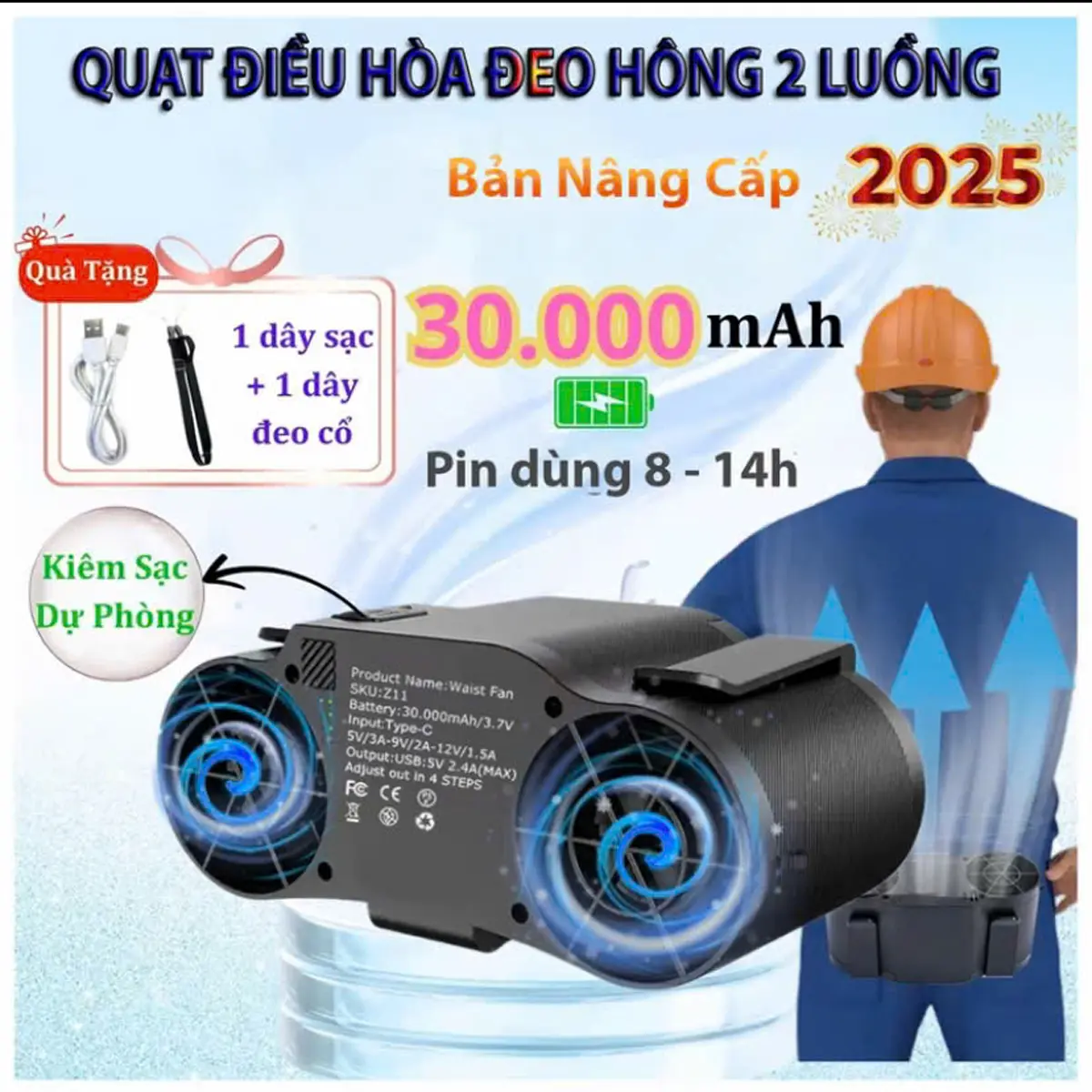 Quạt Đeo Thắt Lưng, Pin 30.000mAh, Sử Dụng Liên Tục 8-14 Giờ, Quạt Đeo Cổ Hông 2 Luồng Gió, Siêu Mát Sạc Dự Phòng Tiện Lợi