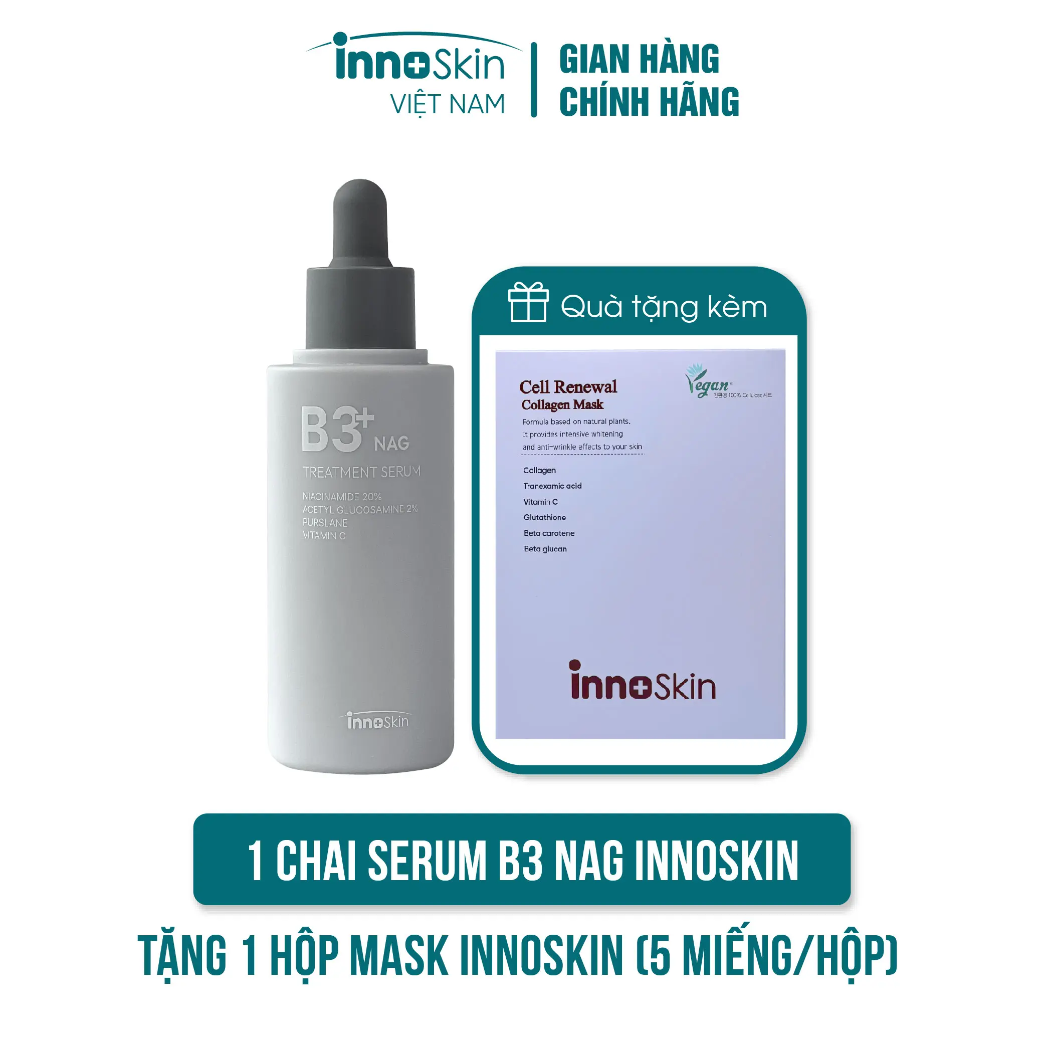 [INK]  T41 - Serum B3 nia 20% NAG Innoskin tặng 1 hộp mặt nạ Innoskin 5 miếng