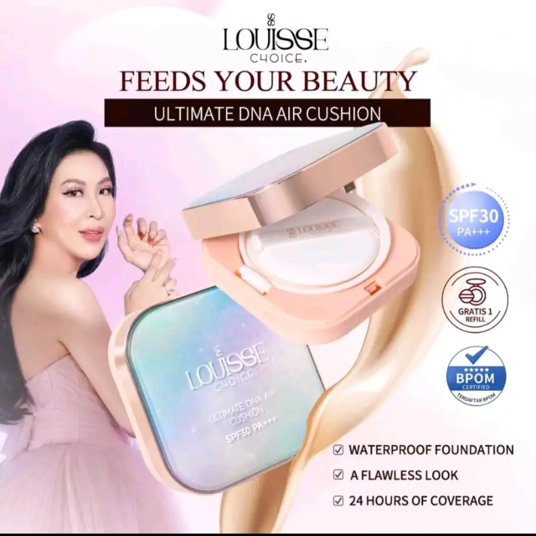 (Beli 1 Gratis 1Refill )LOUISSE CHOICE ULTIMATE DNA AIR CUSHION SPF30++++ Waterproof 24H Of Coverage DNA Salmon Niacinamide