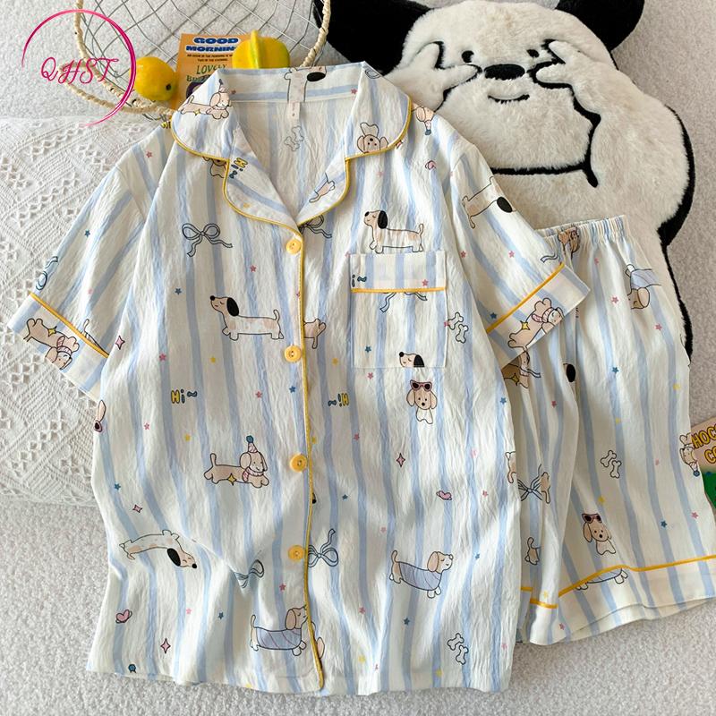 QHST Bộ đồ ngủ nữ satin Lá bài biên xanh, ô vàng tay áo ngắn quần short nhập…