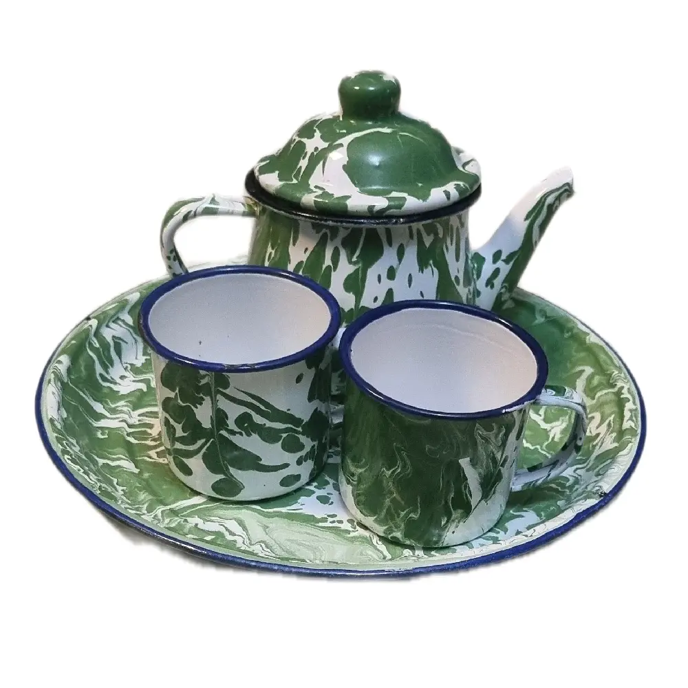 Set Nampan 25cm + Teko Cebol + Gelas Enamel 7cm Vintage Jadul Bunga tea  set