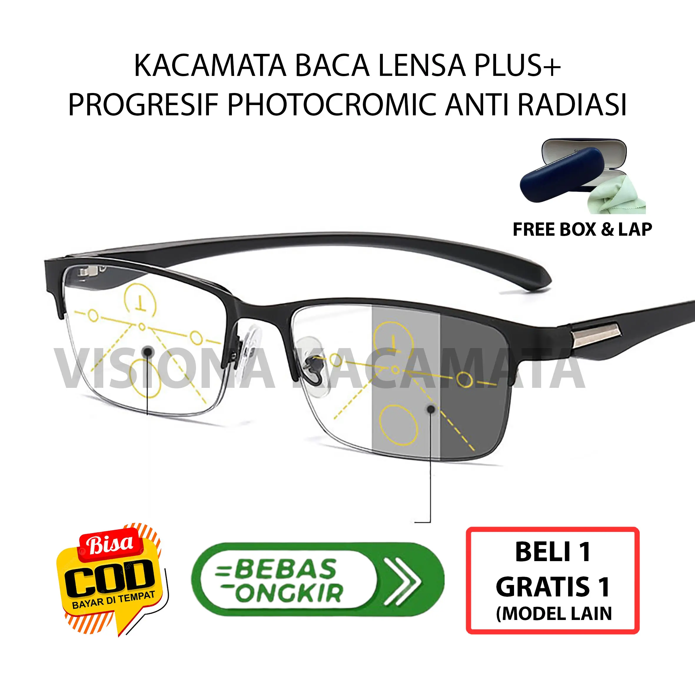 VISIONA Kacamata Progresif Double Fokus Baca & Jalan Photochromic Lensa Plus Rabun Dekat Usia 40 Keatas Pria Wanita Frame Besi Anti Radiasi Fotokromik KJ808 Beli 1 Gratis 1 Model Lain