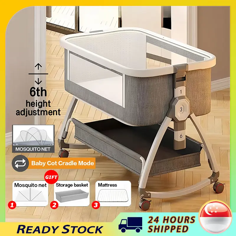 [SG Seller] Baby Cot Portable Bed Playpen Travel Cot Stitching Large Bed Side Door Katil Bayi Foldable Cradle 6 Levels Of Adjustment