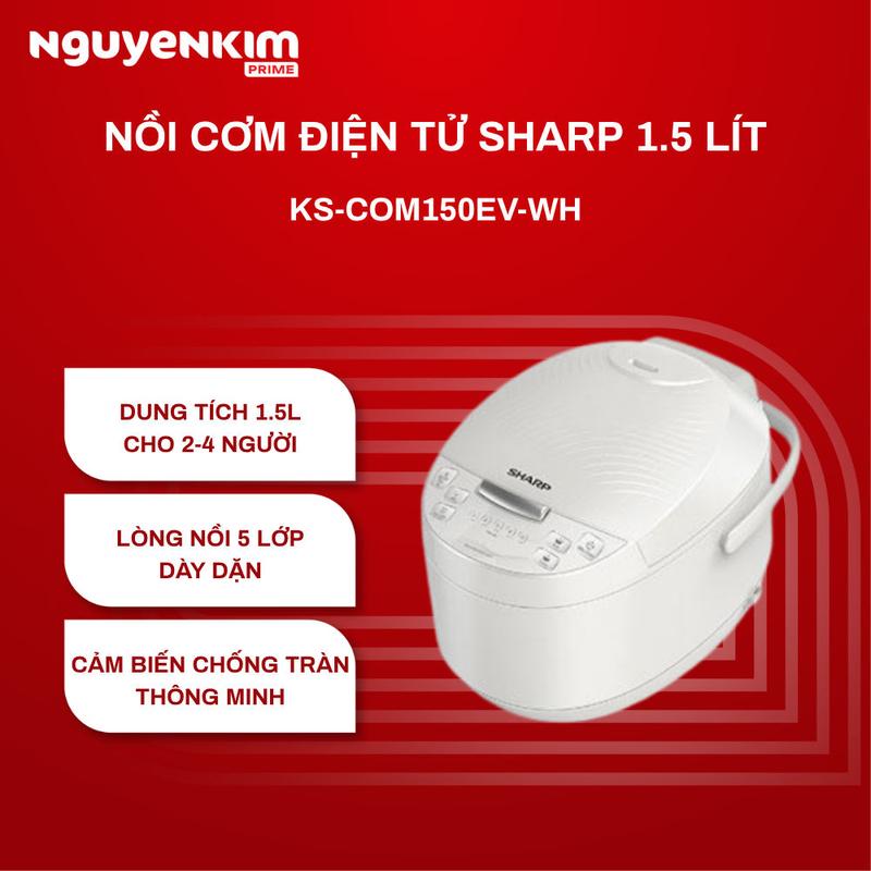 Nồi cơm điện tử Sharp 1.5 lít KS-COM150EV-WH, Lòng nồi 5 lớp, Đầy đủ phụ kiện xửng hấp, muỗng canh, muỗng cơm, cốc đong