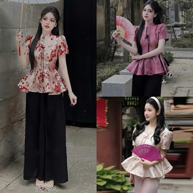 THANH TỰ - Set Bộ Thiết Kế EMME T3183 2 Món Gồm Áo Cách Tân Cổ Trụ Tay Ngắn Gấm Hoa Xếp Ly Chiết Eo Phối Quần Lụa Cách Điệu Kèm Tag Hoa new