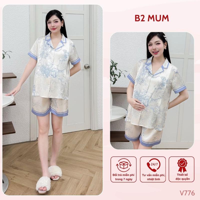 Bộ Bầu Và Sau Sinh Lụa Latin Cao Cấp Bộ Sooc Đùi Bầu Mặc Nhà Họa Tiết Trẻ Trung Pijama Bầu Sang Chảnh - B2 MUM - B776