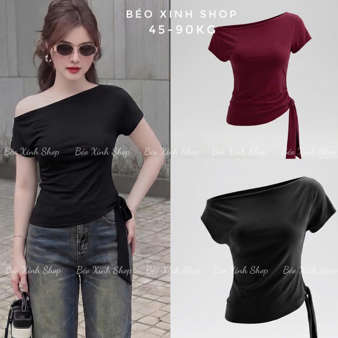 Áo Thun Nữ Lệch Vai Phối Thắt Nơ (Chất Borit Cotton Cao Cấp) Trẻ Trung Cho Nữ 45–90kg Béo Xinh Shop - A.1798