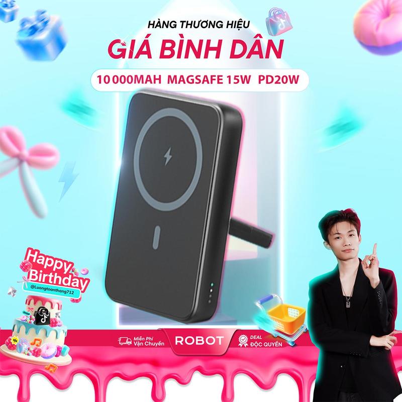   Deal Độc Quyền x LTT  Pin Dự Phòng ROBOT RT15 Sạc Nhanh Không Dây 20W Từ Tính 10000mAh Nhỏ Gọn Tiện Lợi Giá Đỡ Xoay 360 Độ Tiện Lợi 