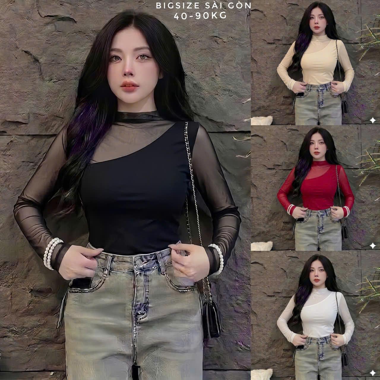 Áo Thun Tay Dài Lưới Chéo Vải Thun RuBy Dày Dặn Thanh Lịch Cho Nàng 45-90Kg Dễ Thương Nữ Women Top Nhung - B.1674