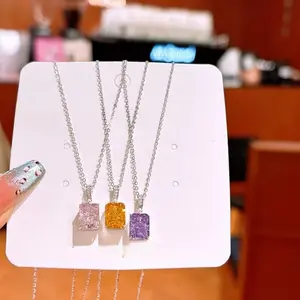 Kalung perak s925 liontin berlian potongan es berwarna merah muda, kuning, dan ungu