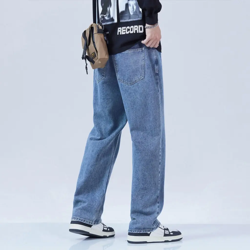 SUCS.CO - Celana Jeans Panjang Pria Korean Style Straight Loose Pants Cowok Outfit Skena Denim Nyaman Biru