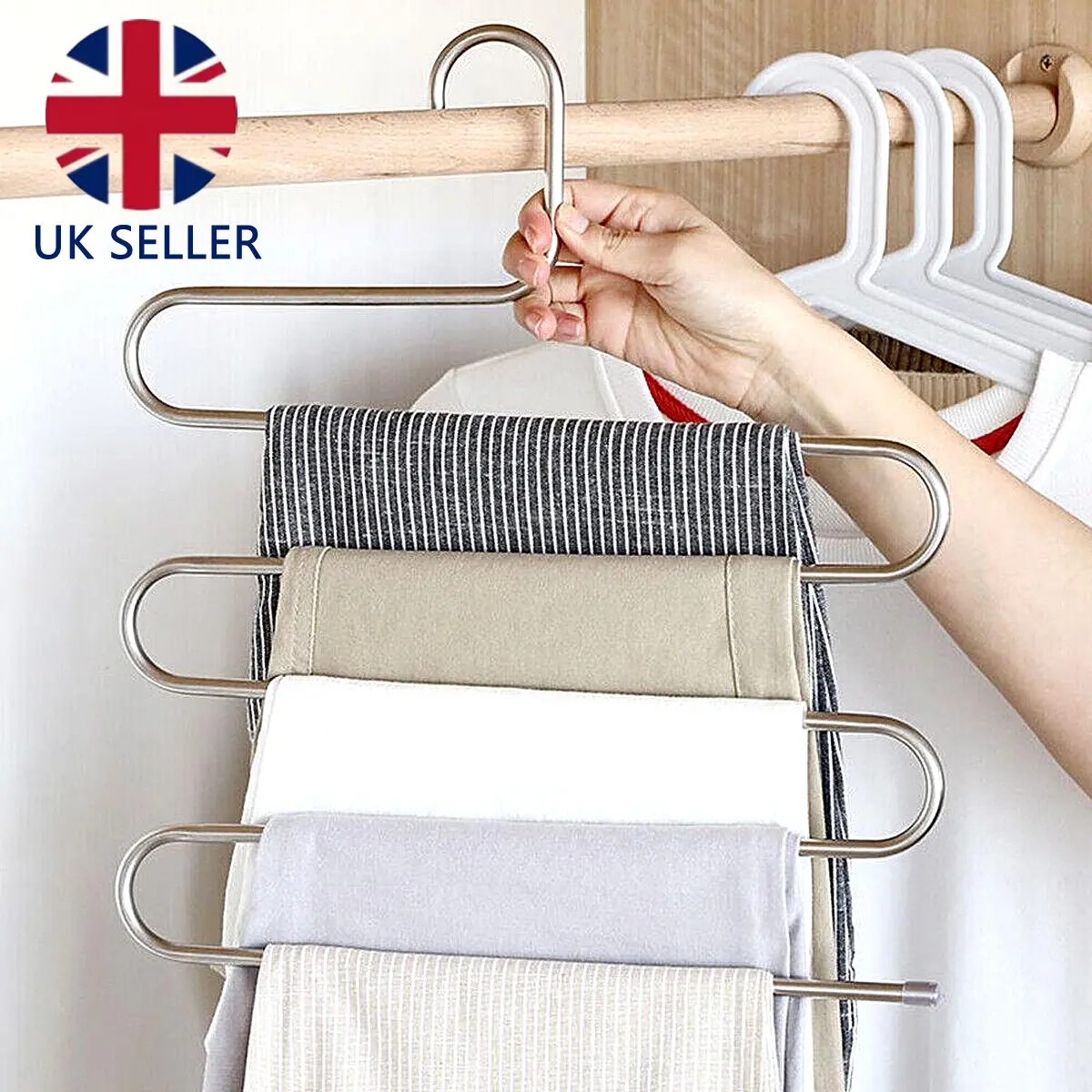 Clothes Pants Trouser Hanger Multi Layer Storage Closet Space Saver Organizer UK