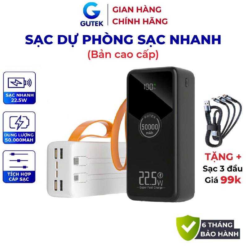 Tặng sạc 3 đầu Sạc dự phòng in 50000mah Sạc nhanh 22,5W dung lượng lớn có sẵn dây sạc - Gutek GT230
