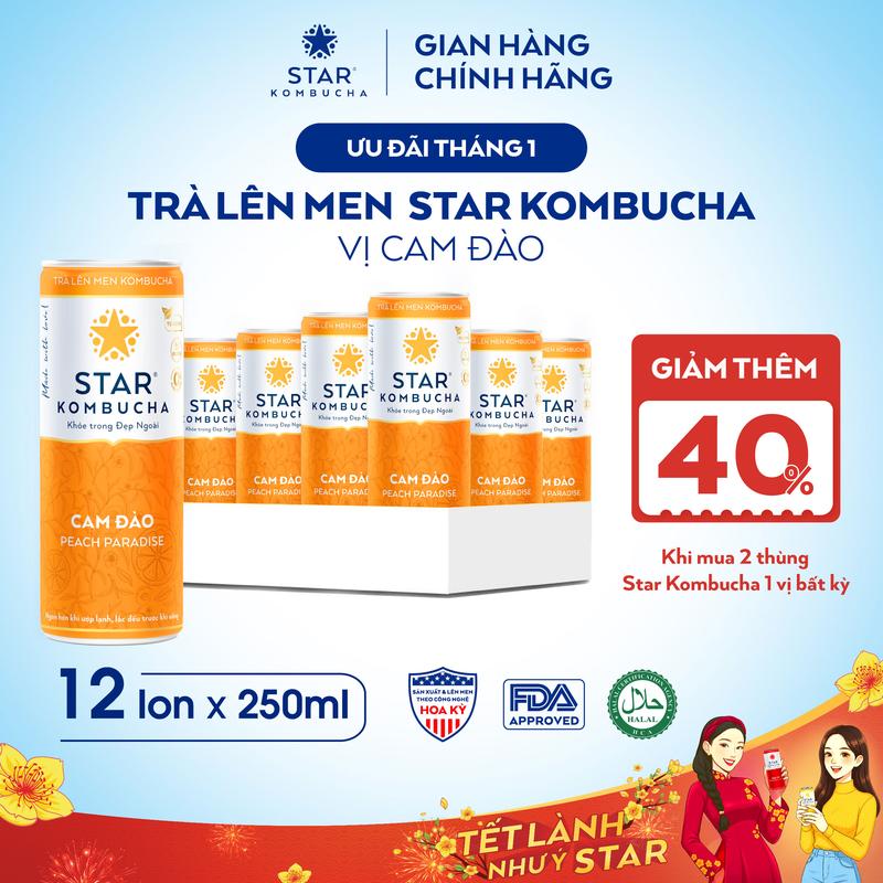  Thùng 12 lon STAR KOMBUCHA Cam Đào   Peach  250ml lon - Trà lên men vi sinh hỗ trợ tiêu hóa 