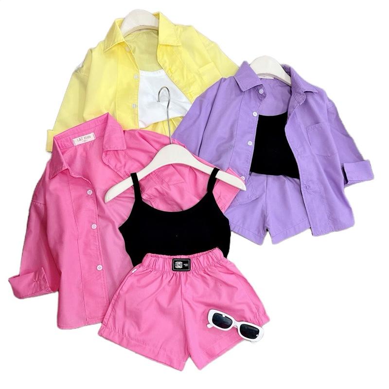 BN197 - Set 3 chi tiết áo sơmi thô hàn- áo thun hai dây - quần thô short xinh xắn cho bé gái diện hè, đi biển(10-30kg) 0