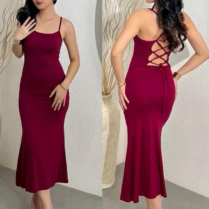 midi dress tanpa lengan Jual Zira Dress Midi Tanpa Lengan dengan Desain Belakang Terbuka | backless  sling midi dress bodycon - Maroon - Kab. Badung - Ms.jiljil