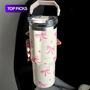 バタフライ&ハート柄の真空フラスコ、ハンドル&ストロー付きの1カウント大容量断熱水ボトル、ホームオフィススクール用の飲料カップ、ドリンクウェア